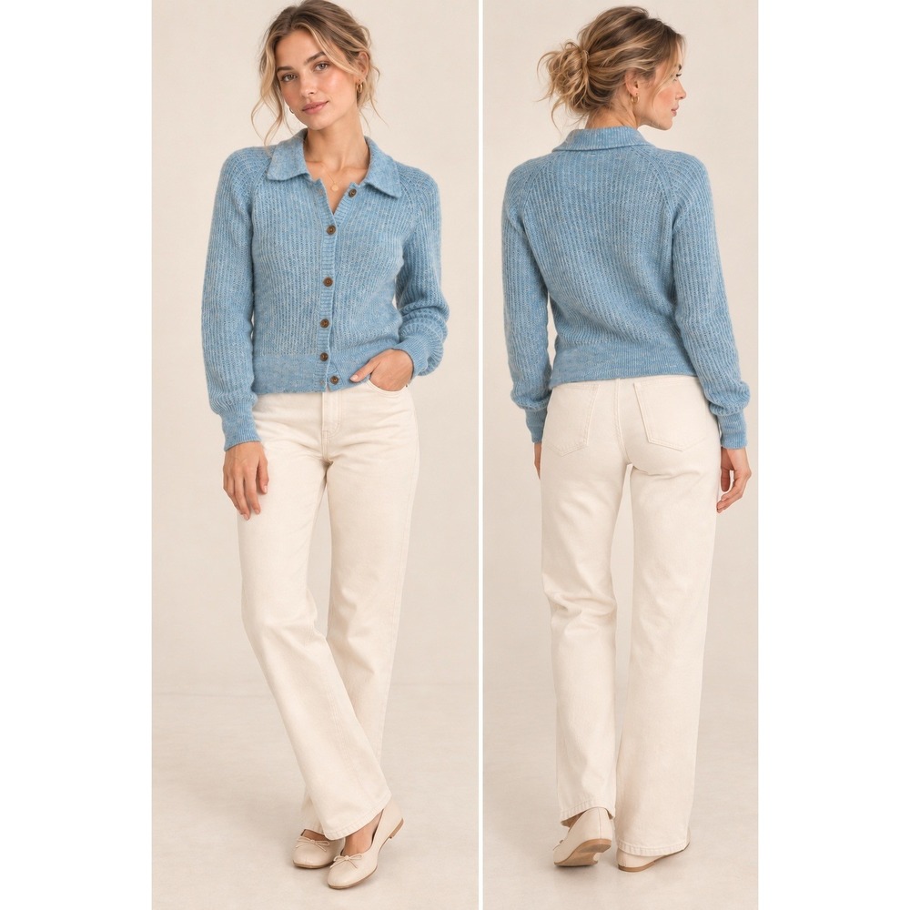 Everlane Alpaca Collared Cardigan Women S Sky Blue Melange Ribbed Knit Sweater